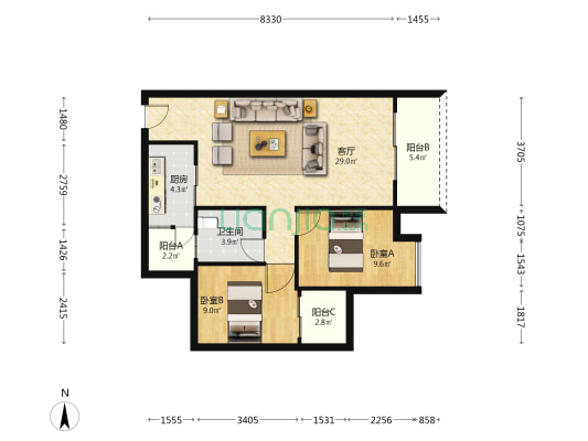菁华园 2室1厅1卫 82平方