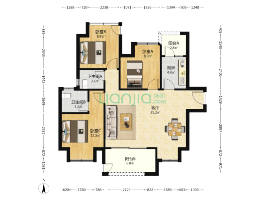 恒众新壹街 3室1厅2卫 100平方