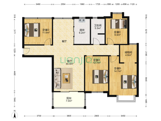 西城中央 4室1厅1卫 126平方