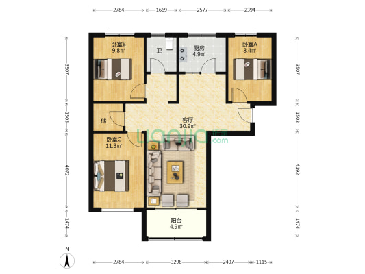 襄河家园东区 3室1厅1卫 110平方