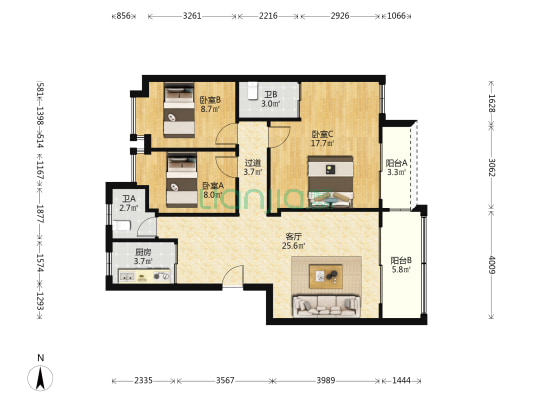 富康楼 3室1厅2卫 93平方