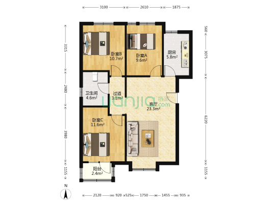 宁欣花园 3室1厅1卫 104平方