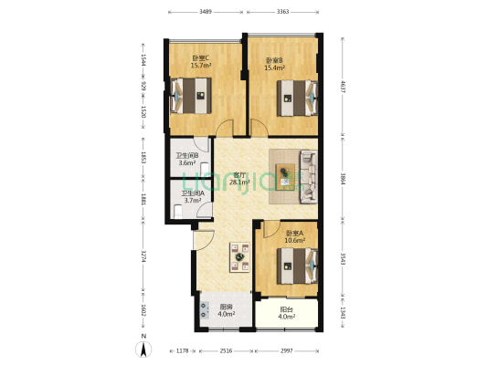 花园小区 3室1厅2卫 115平方