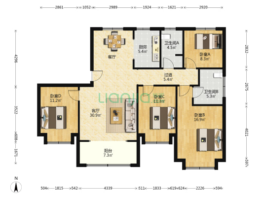 翰林名苑 4室1厅2卫 147平方