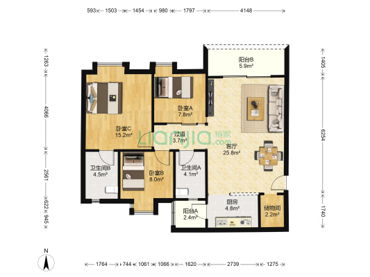 景峰轩 3室1厅2卫 107平方
