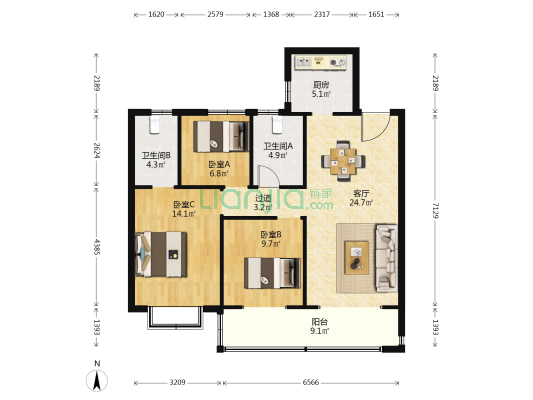 蓝光睿创新筑雍秀园 3室1厅2卫 108平方