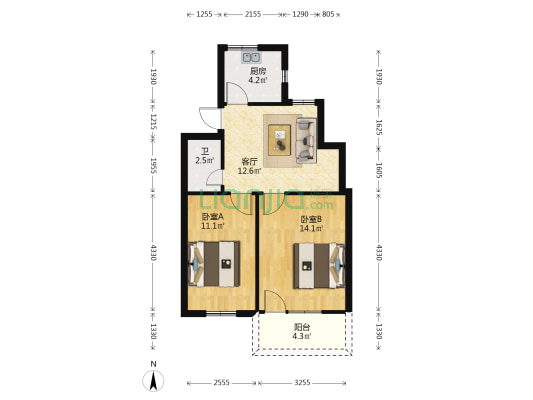 电力宿舍 2室1厅1卫 68平方
