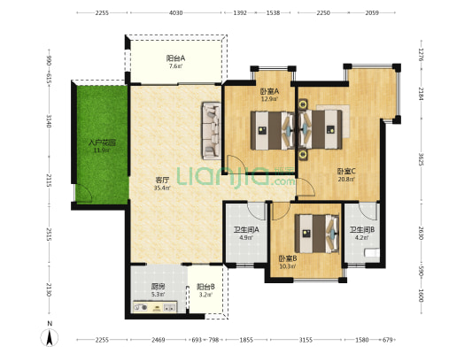 幸福嘉园 3室1厅2卫 131平方