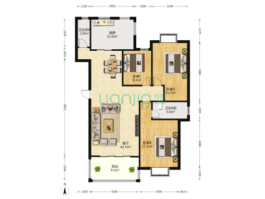 乾坤黄金花园 3室1厅2卫 133平方