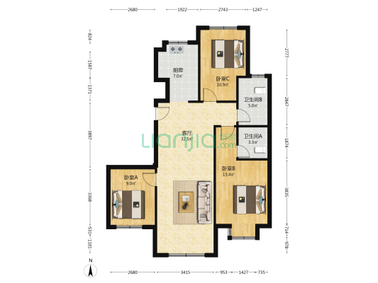 新华联国花园二期 3室1厅2卫 121平方