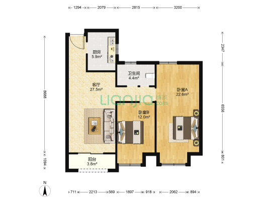融创·瑷颐湾D区 2室1厅1卫 95平方