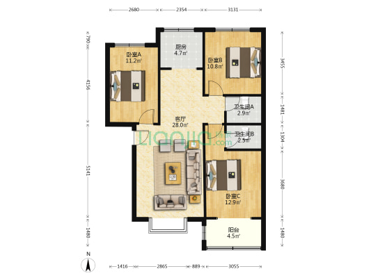 南北通透，正规三居室，毛坯房...-户型图