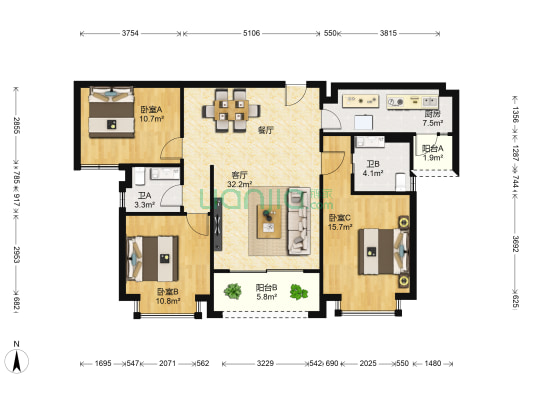 瀚林华府 3室1厅2卫 122平方
