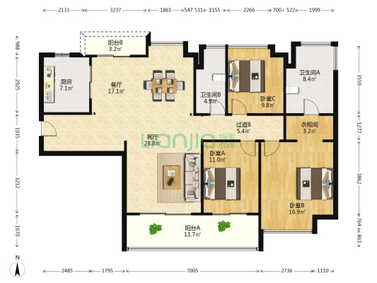 信达金茂府 3室2厅2卫 143平方