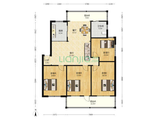 怡和花园 4室2厅1卫 129平方