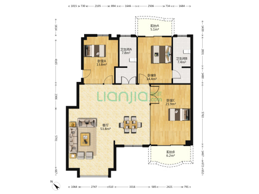 东沙大厦 3室1厅2卫 152平方