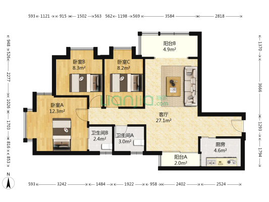 龙都名园 3室1厅2卫 90平方