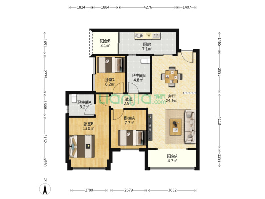 南山绿庭B区 3室1厅2卫 102平方