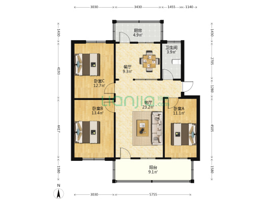 散装办家属院 3室2厅1卫 103平方