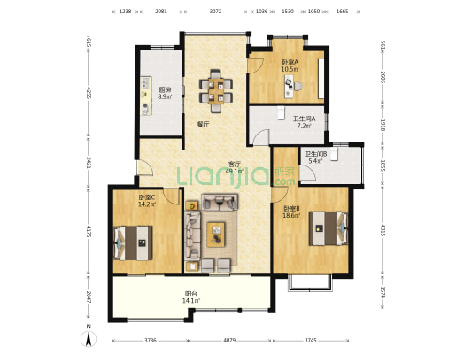 明珠苑南区 3室1厅2卫 140平方