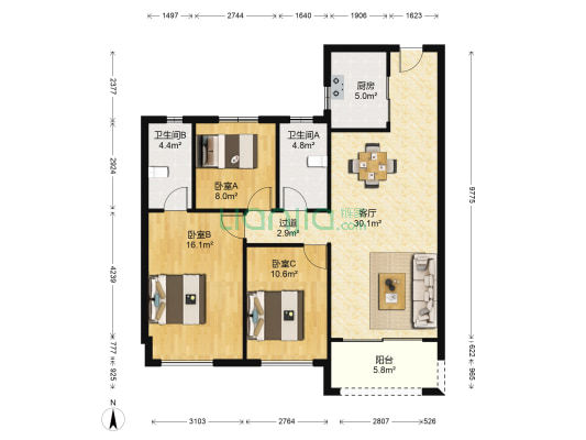 高新时代 3室1厅2卫 112平方