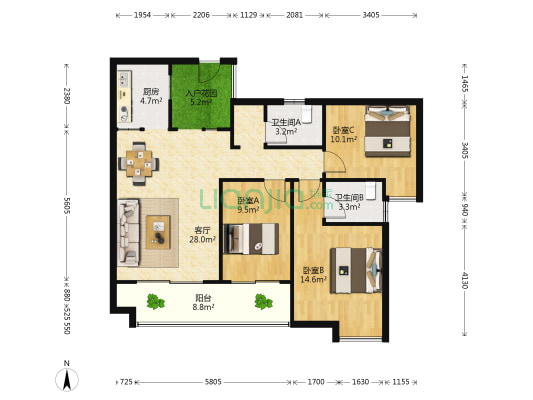 丽泽佳园 3室1厅2卫 107平方