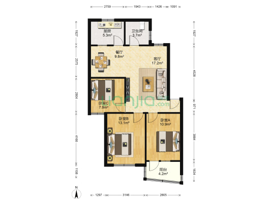 齐泰花苑 3室2厅1卫 84平方