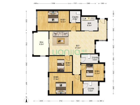 鸿翔东湾 4室1厅3卫 134平方