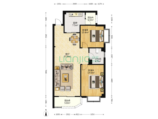中华园华苑 2室1厅1卫 104平方