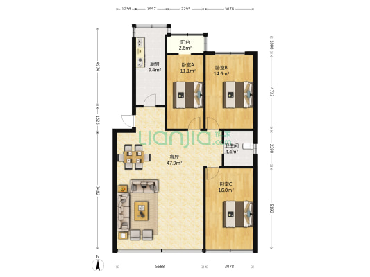 阳之光小区 3室1厅1卫 125平方
