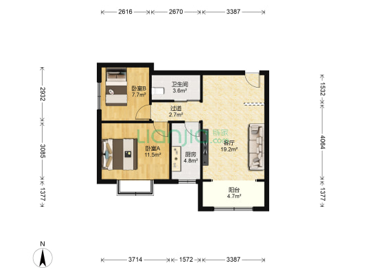 南湖北路两室好房出售80平米，一梯两户-户型图