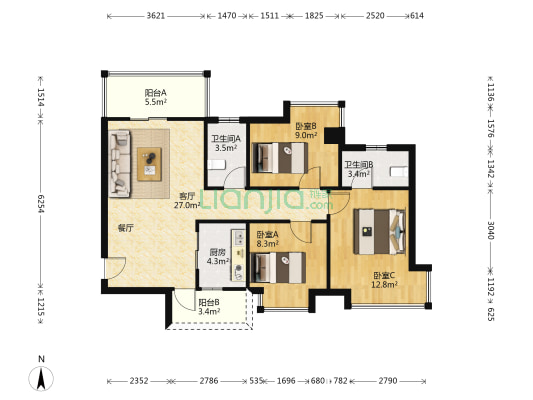 万科幸福城 3室1厅2卫 95平方