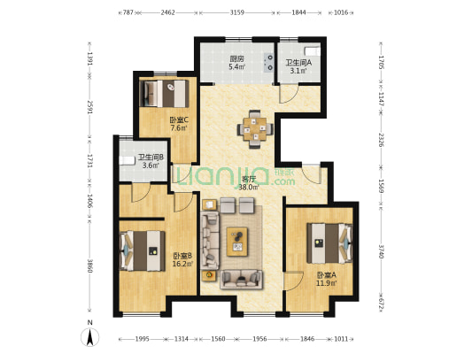实地蔷薇国际 3室1厅2卫 110平方