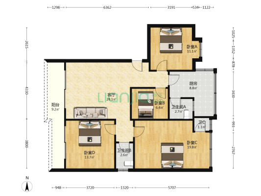百合华园B区 4室1厅3卫 113平方