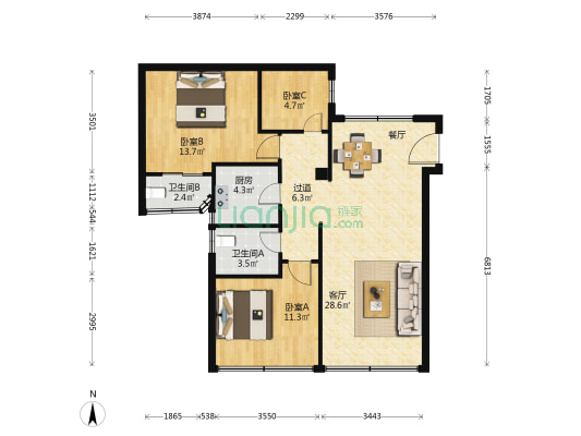 夏南新村 3室1厅2卫 93平方