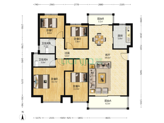 碧桂园S1秦淮世家 4室1厅2卫 142平方