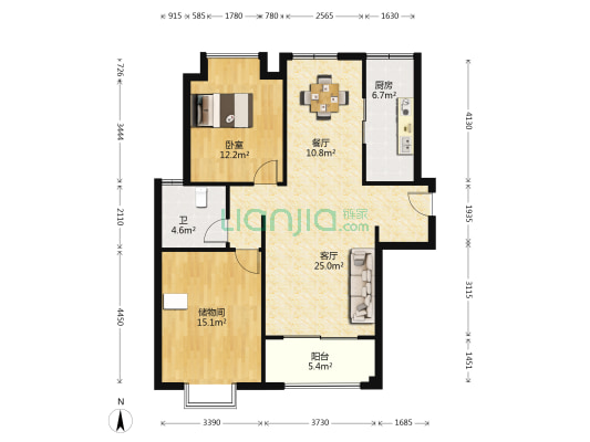 恒盛豪庭二期 1室2厅1卫 108平方