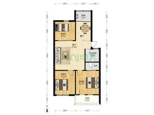 中钢宿舍 3室1厅2卫 96平方