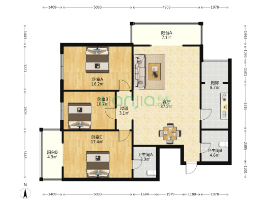 阅溪璟园 3室1厅2卫 149平方