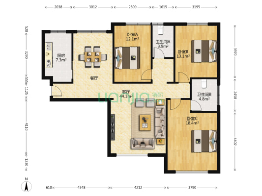 金茂外滩 3室1厅2卫 136平方