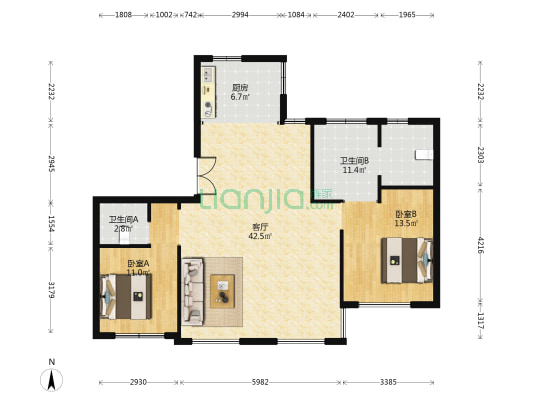 天成溪树庭院 2室1厅2卫 136平方