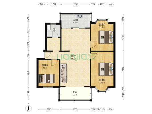 工商苑 3室1厅1卫 102平方