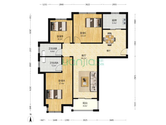 城北尚博苑一区 3室1厅2卫 121平方