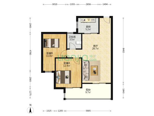 西文北苑 2室1厅1卫 90平方