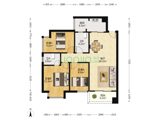 白鹭北城白鹭郡 3室1厅2卫 89平方