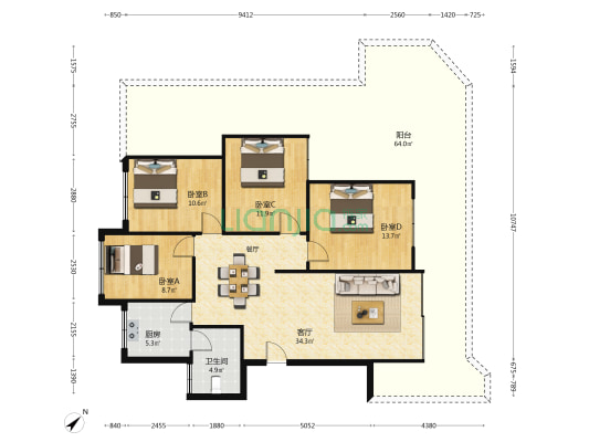 黄金商住楼 4室1厅1卫 117平方
