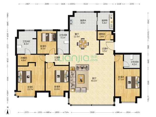 武汉城建·融创江山云起 4室2厅3卫 190平方