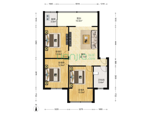 浆洗街5号 3室1厅1卫 90平方