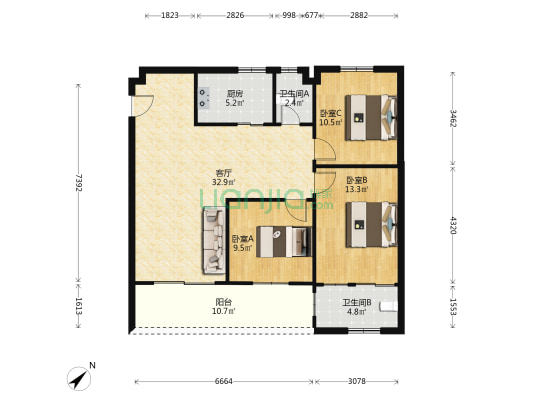 花城阁花园 3室1厅2卫 97平方