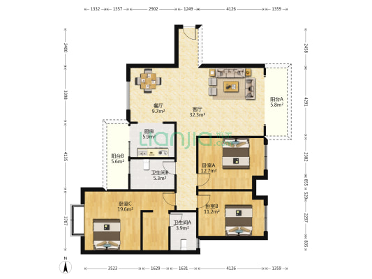 南苑小区 3室2厅2卫 136平方
